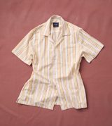 Drake's Yellow Triple Stripe Block Print Cotton Camp Collar Short Sleeve Shirt
