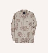 Drake's Elephant Block Print Linen Camp Collar Long Sleeve Shirt