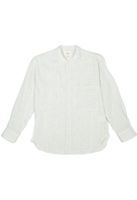 Blackhorse Lane Ateliers E13 IRISH LINEN COLLARLESS GREEN STRIPED SHIRT