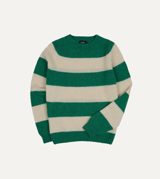 Drake's Green and Ecru Stripe Brushed Shetland Crew Neck Jumper