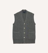 Drake's Grey Alpaca Lambswool Cable Knit Sleeveless Cardigan