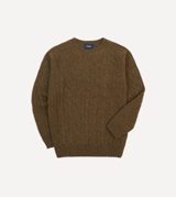 Drake's Olive Brushed Cable Knit Shetland Crew Neck Jumper